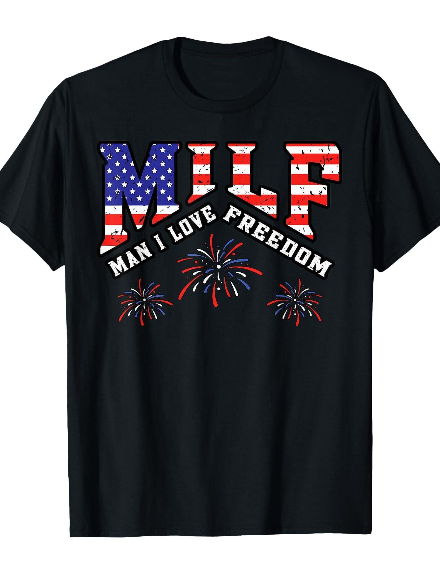 4th Of July Man I Love Freedom Milf Us Flag Patriotic T-shirt Milf 220gsm Cotton Round Neck Short Sleeve Casual Henley Shirt Men T-shirt