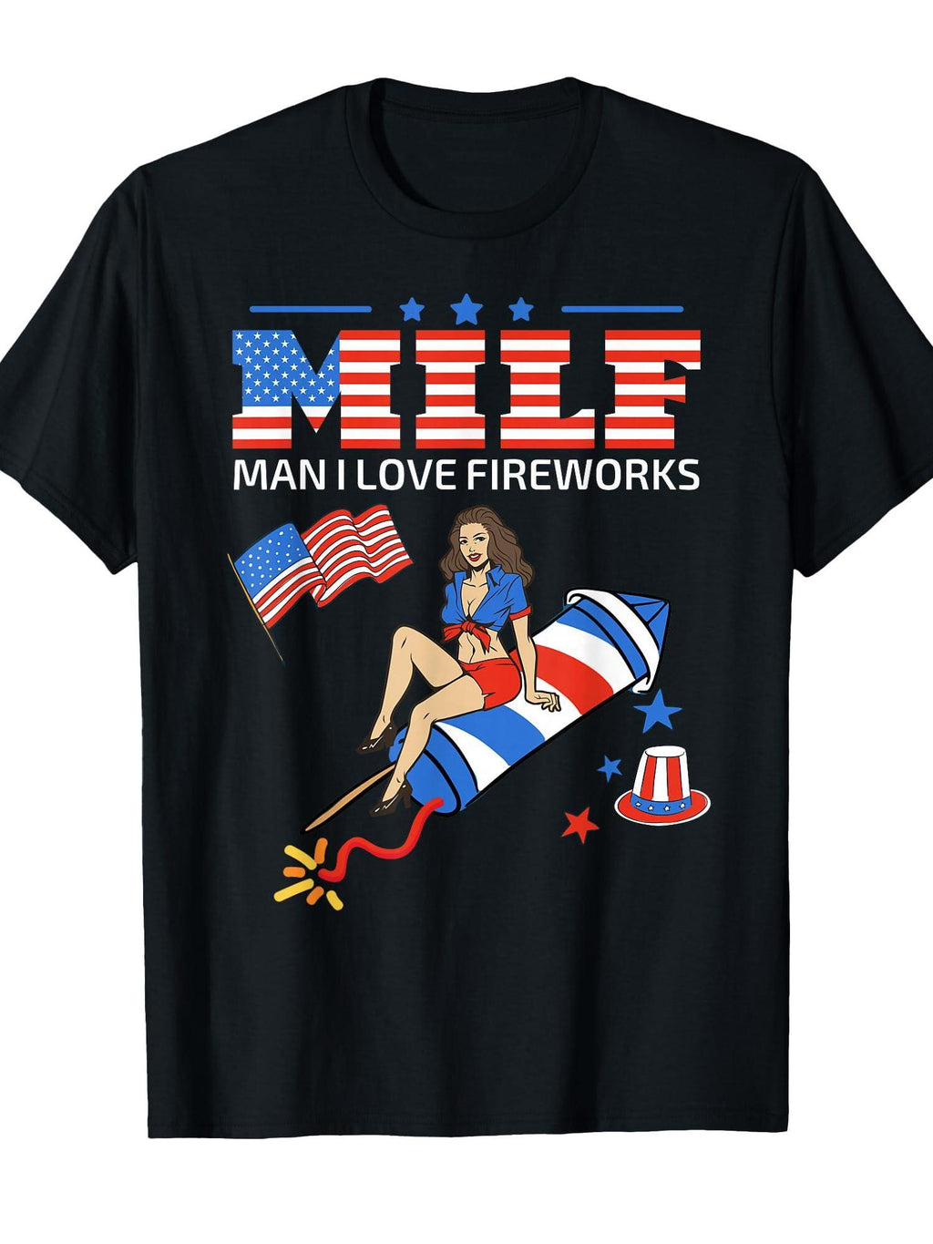 Man I Love Fireworks Milf Man I Love Fireworks 4th July Milf T-shirt Milf 220gsm Cotton Round Neck Short Sleeve Casual Henley Shirt Men T-shirt