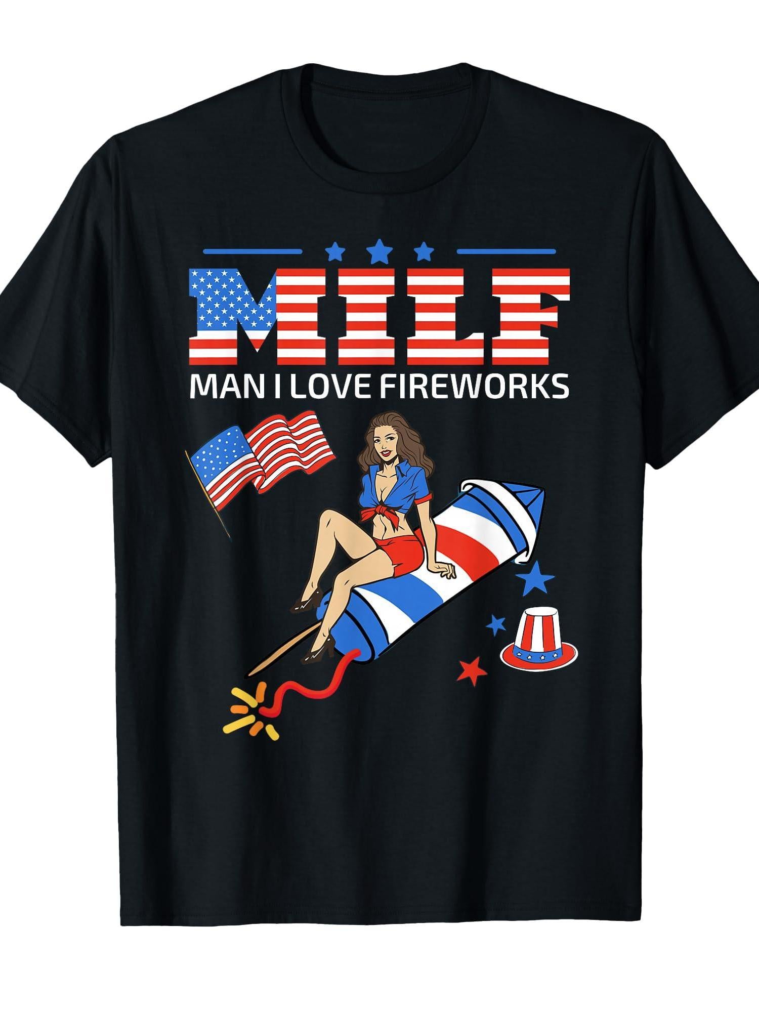 Man I Love Fireworks Milf Man I Love Fireworks 4th July Milf T-shirt Milf 220gsm Cotton Round Neck Short Sleeve Casual Henley Shirt Men T-shirt