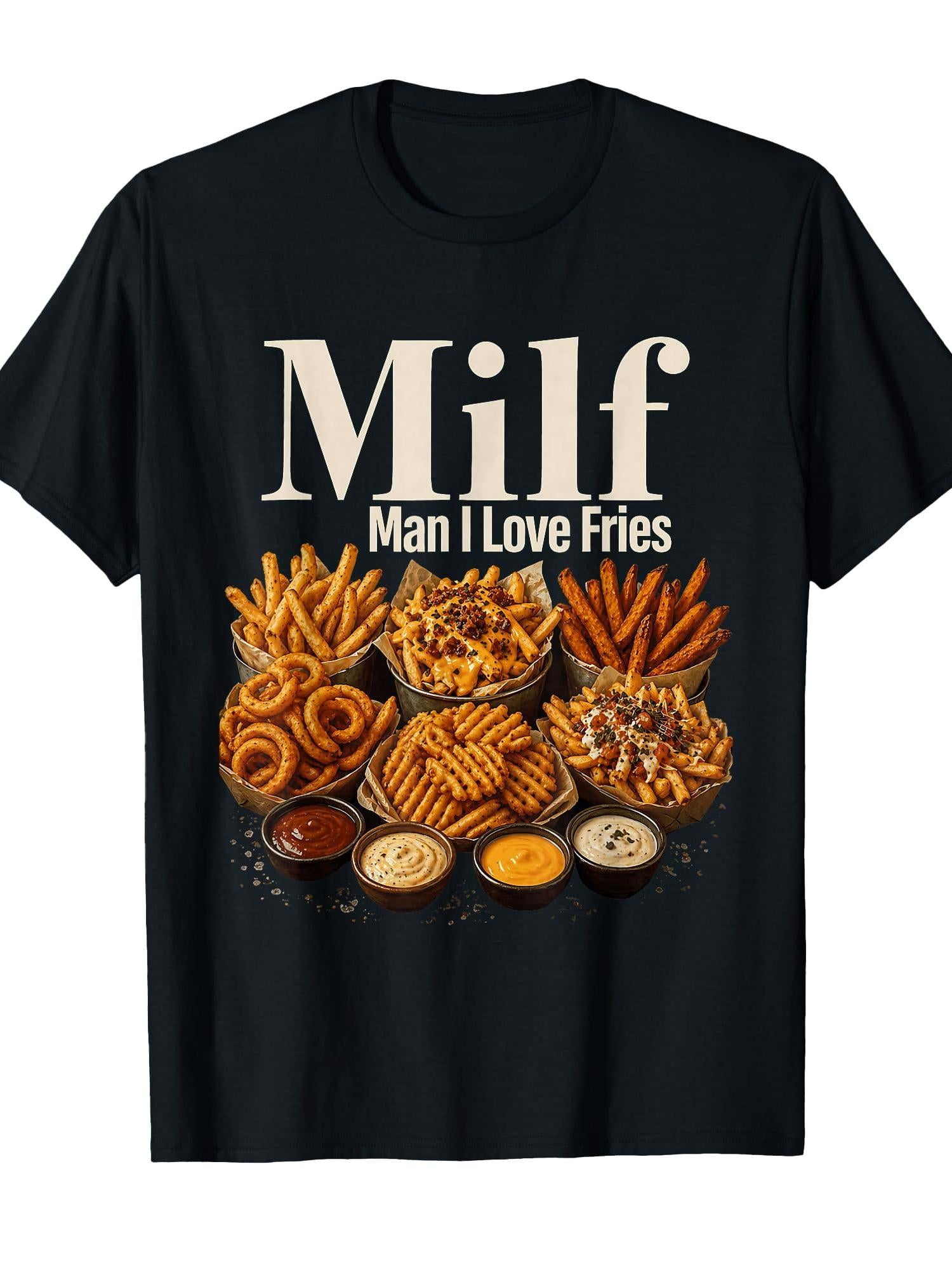 Milf Man I Love French Fries Funny T-shirt Milf 220gsm Cotton Round Neck Short Sleeve Casual Henley Shirt Men T-shirt