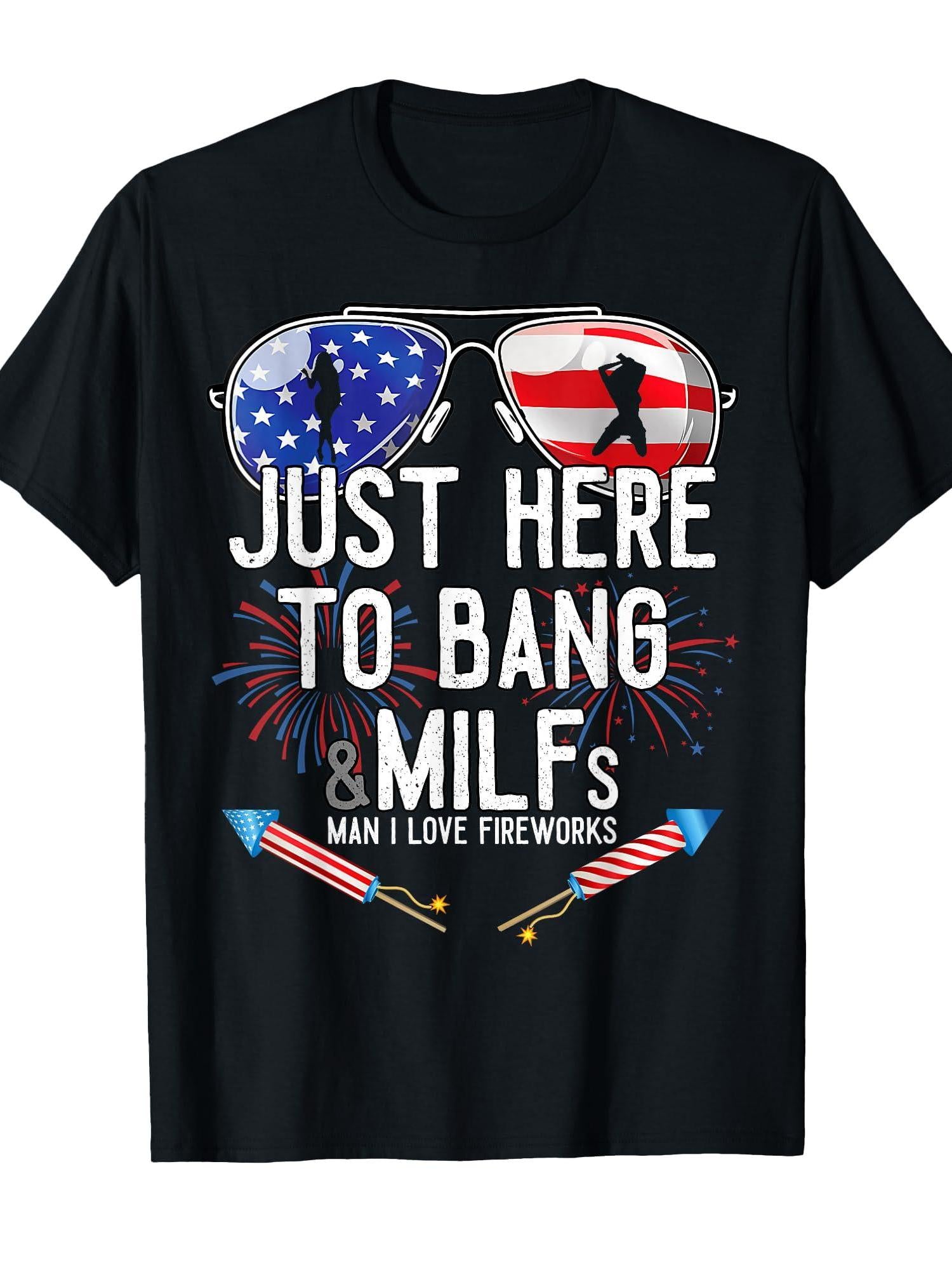 Just Here To Bang 4th July American Flag Funny Milfs T-shirt Milf 220gsm Cotton Round Neck Short Sleeve Casual Henley Shirt Men T-shirt