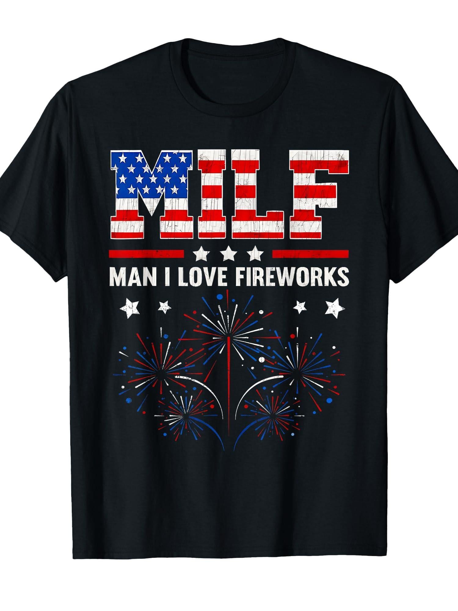 Milf Man I Love Fireworks American Patriotic July 4th July T-shirt Milf 220gsm Cotton Round Neck Short Sleeve Casual Henley Shirt Men T-shirt
