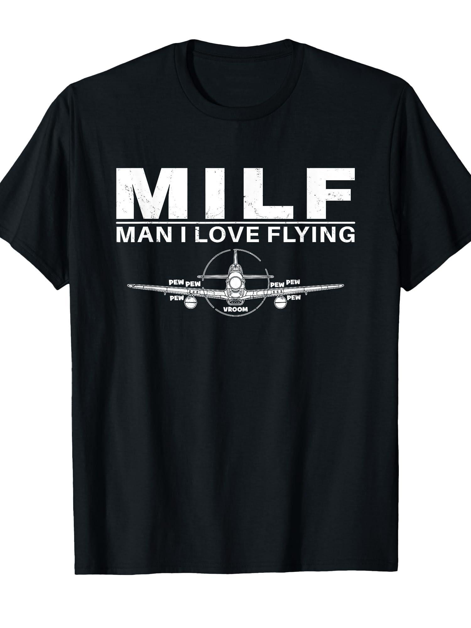 Milf Man I Love Flying Vintage Fighter Plane T-shirt Milf 220gsm Cotton Round Neck Short Sleeve Casual Henley Shirt Men T-shirt